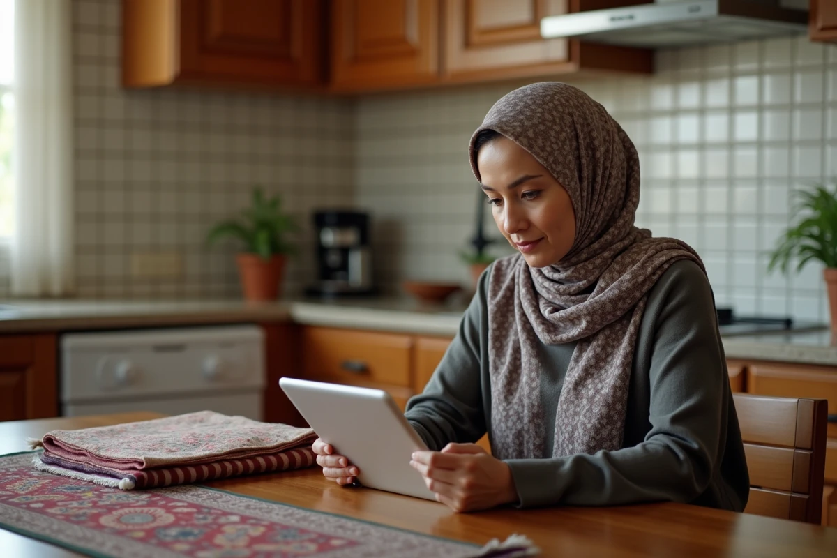 Femme musulmane en hijab v&eacute;rifiant les heures de pri&egrave;re sur une tablette