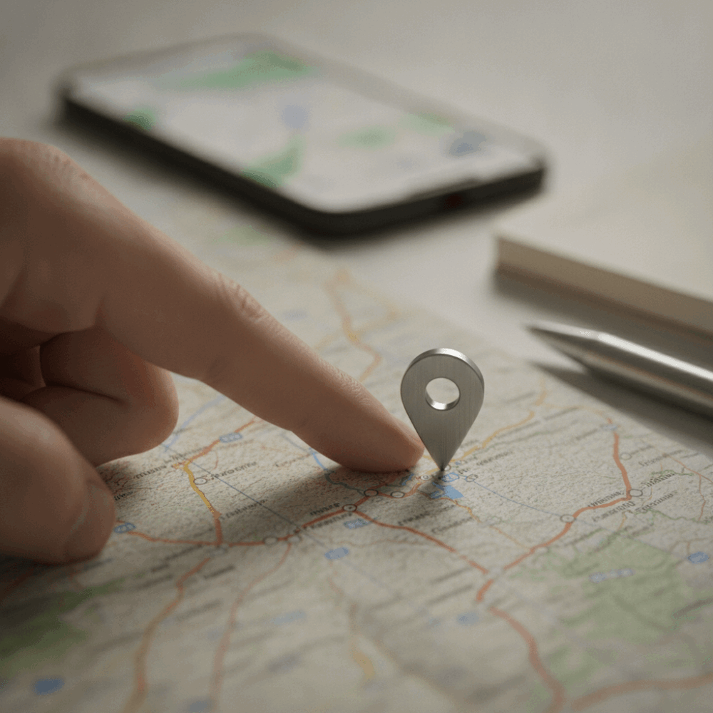 Main pointant une localisation sur une carte routière papier pour trouver un avocat à proximité