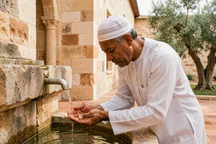 Homme en djellaba blanche effectuant ses ablutions dans la cour d'une mosquée à Montpellier avant la prière