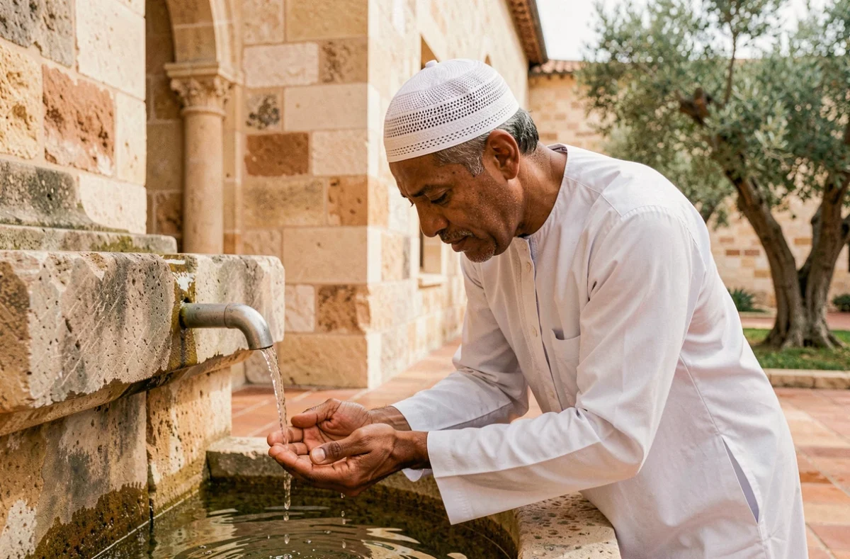 Homme en djellaba blanche effectuant ses ablutions dans la cour d'une mosquée à Montpellier avant la prière