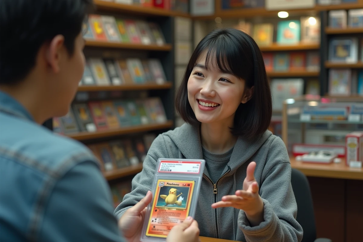 Femme négociant le prix d'une carte Pokémon gradée PSA avec un vendeur dans une boutique spécialisée