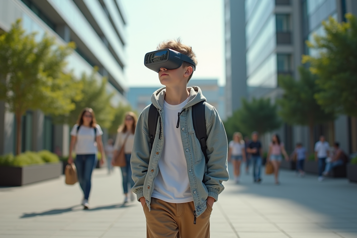 Adolescent avec lunettes AR marchant dans une place urbaine animée
