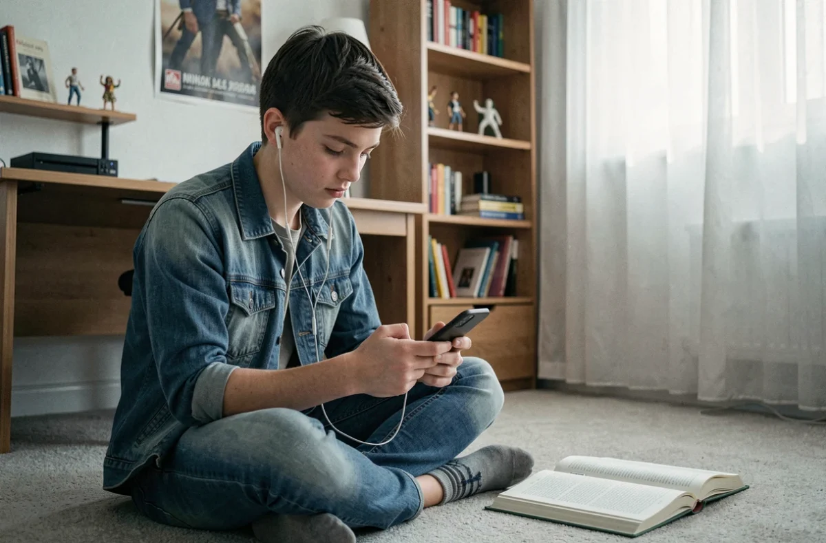 Adolescent avec des écouteurs regardant son téléphone de façon distraite, représentant l'acte d'entendre sans écouter activement