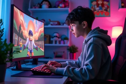 Adolescent jouant à un jeu Roblox animé sur son ordinateur de bureau avec des figurines anime en arrière-plan