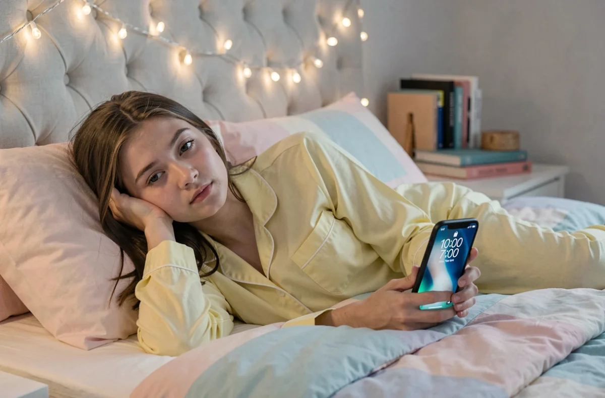 Adolescente dans sa chambre tenant un smartphone affichant 22h00 avant de dormir