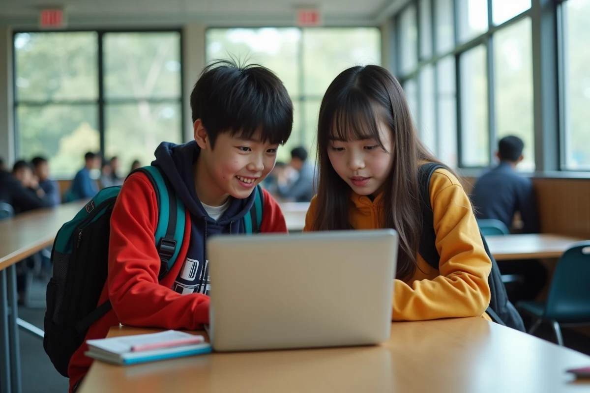 Deux adolescents découvrant ensemble des événements et codes Roblox anime sur un ordinateur portable en milieu scolaire