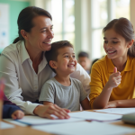 Adult soutenant un enfant avec besoins spéciaux dans une classe lumineuse