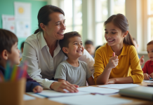 Adult soutenant un enfant avec besoins spéciaux dans une classe lumineuse