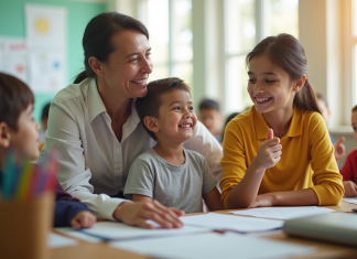 Adult soutenant un enfant avec besoins spéciaux dans une classe lumineuse