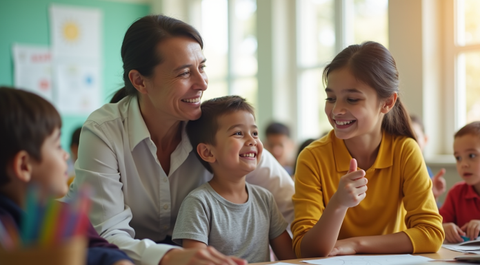 Adult soutenant un enfant avec besoins spéciaux dans une classe lumineuse