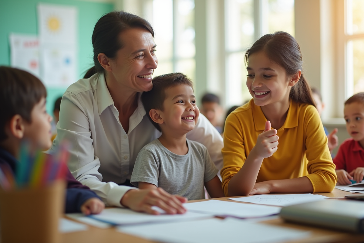 Adult soutenant un enfant avec besoins spéciaux dans une classe lumineuse