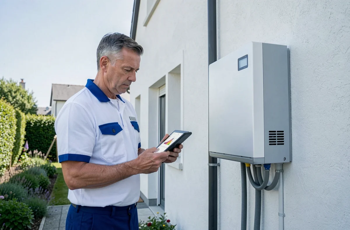 Spécialiste en chauffage et énergies nouvelles devant une pompe à chaleur à Limoges