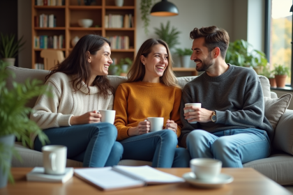 Trois jeunes adultes riant autour d’un café dans un salon moderne