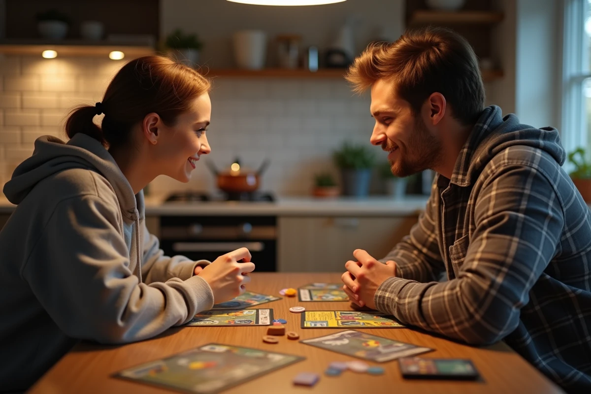 Deux amis adultes jouant au JCC Pokémon avec le coffret Aventure Ensemble autour d'une table de cuisine