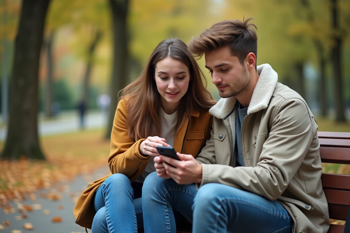 Deux amis assis sur un banc de parc lisant ensemble un webtoon Just Friends sur smartphone, illustrant le partage de scan VF en lecture mobile