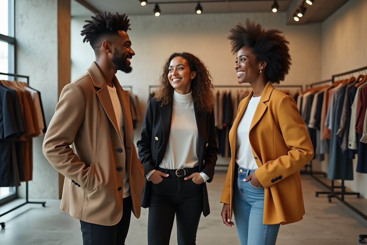 Trois amis discutant de mode dans une boutique minimaliste