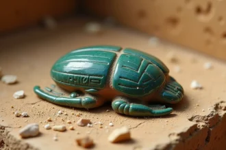 Amulette scarabée égyptien en faïence bleue posée sur une surface de grès ancien avec du sable et des fragments de papyrus
