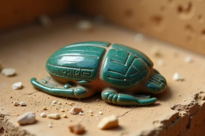 Amulette scarabée égyptien en faïence bleue posée sur une surface de grès ancien avec du sable et des fragments de papyrus