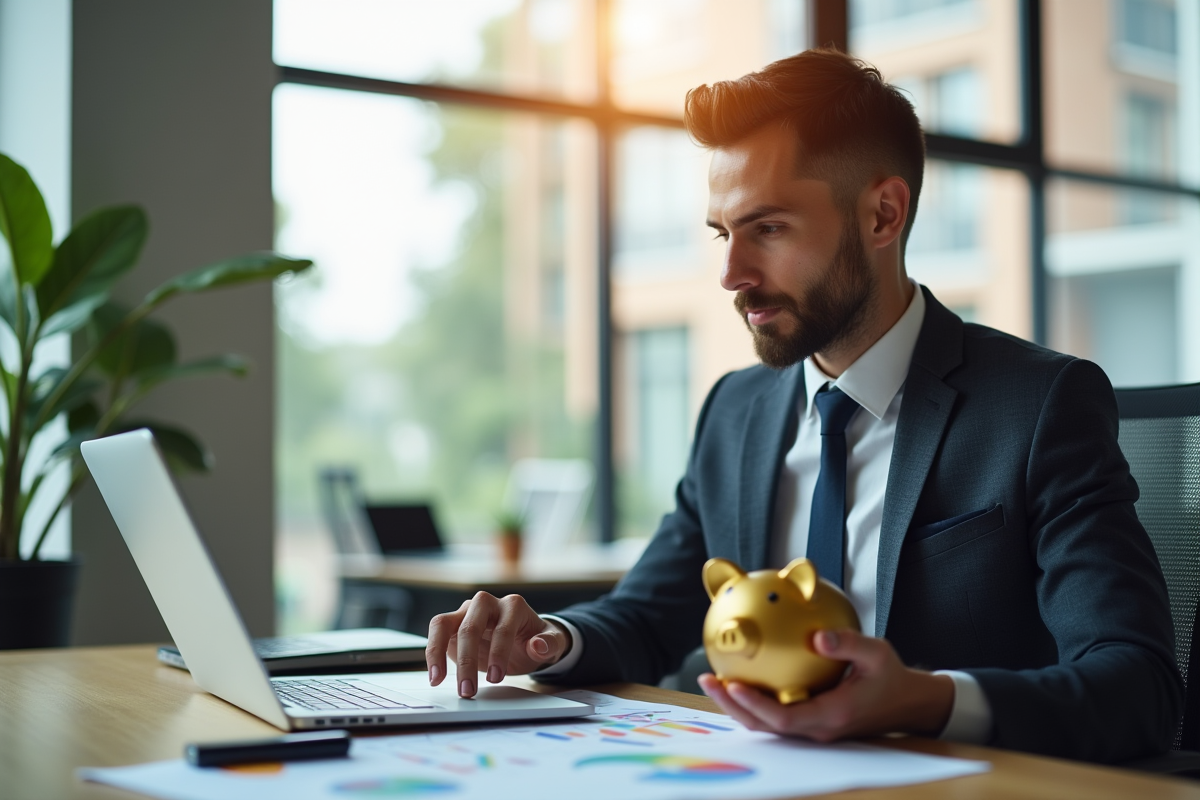 Personne d affaires analysant des graphiques financiers avec un cochon tirelire