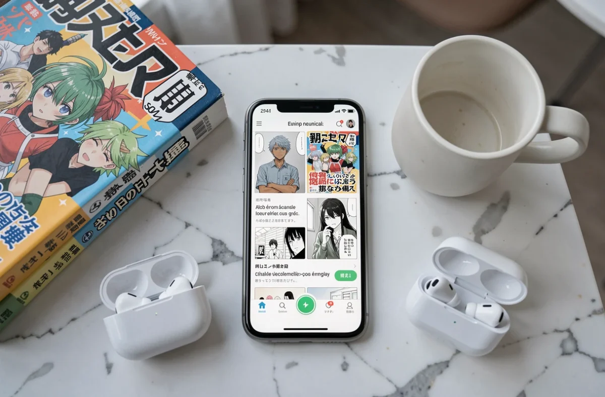 Flat lay d'un smartphone avec application manga légale en français, volumes de manga et café sur marbre blanc