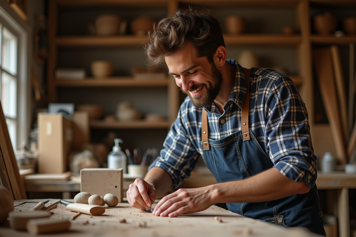 Jeune artisan sculptant du bois dans son atelier