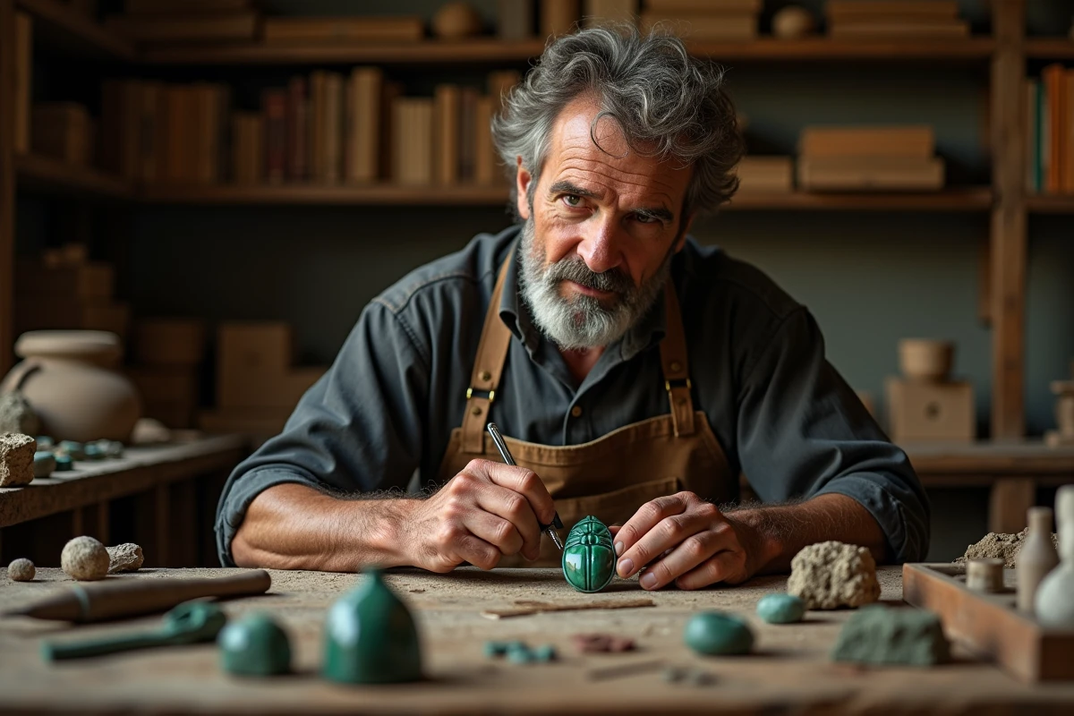 Artisan bijoutier sculptant un scarabée égyptien en malachite dans un atelier traditionnel encombré d'outils