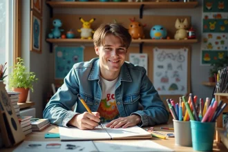 Jeune artiste dessinant &agrave; son bureau Pok&eacute;mon