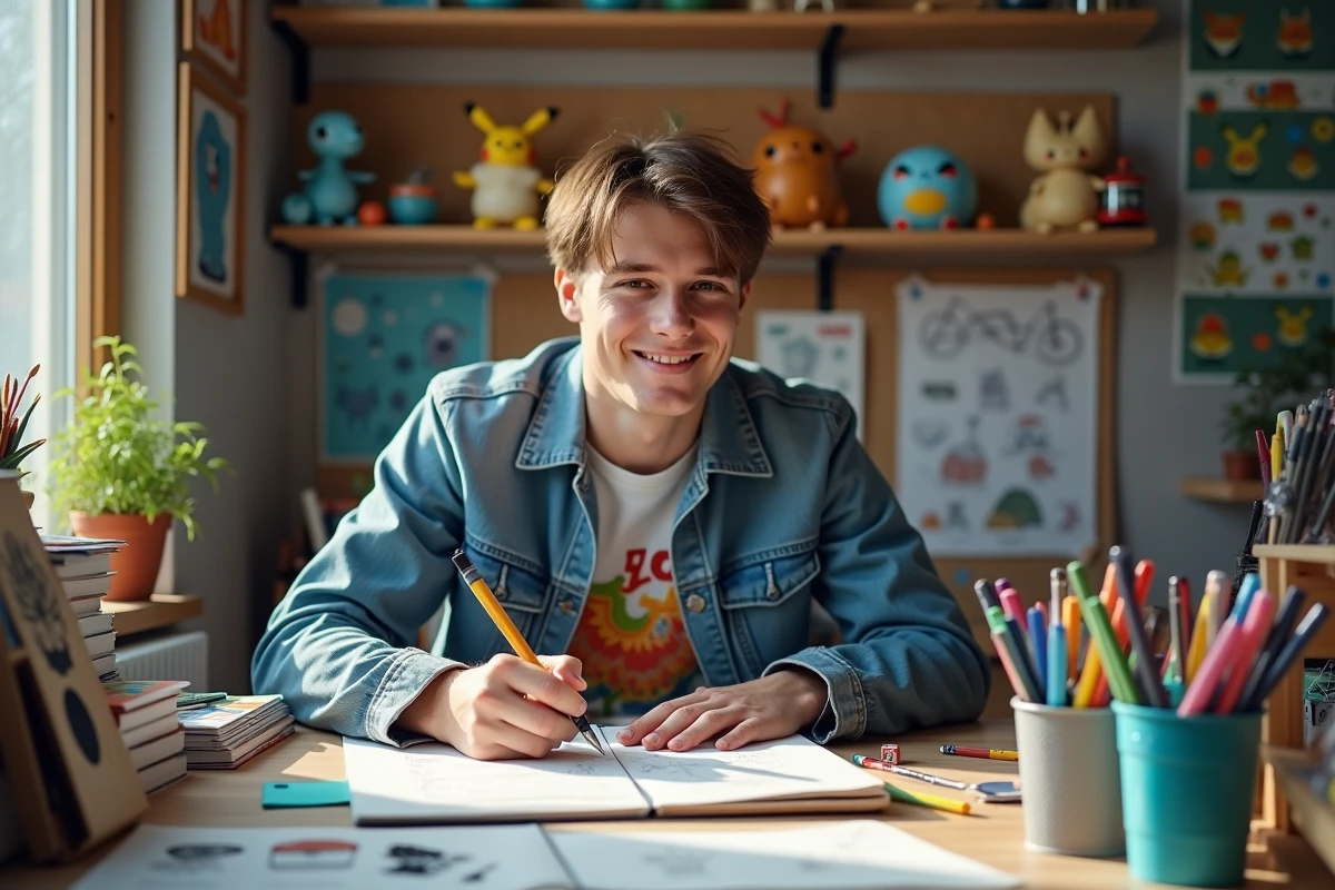 Jeune artiste dessinant à son bureau Pokémon