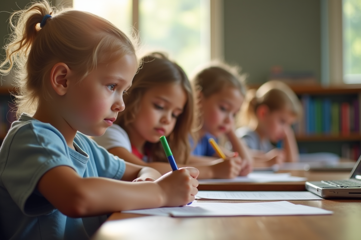 Assistante éducative prenant des notes avec des enfants divers à l