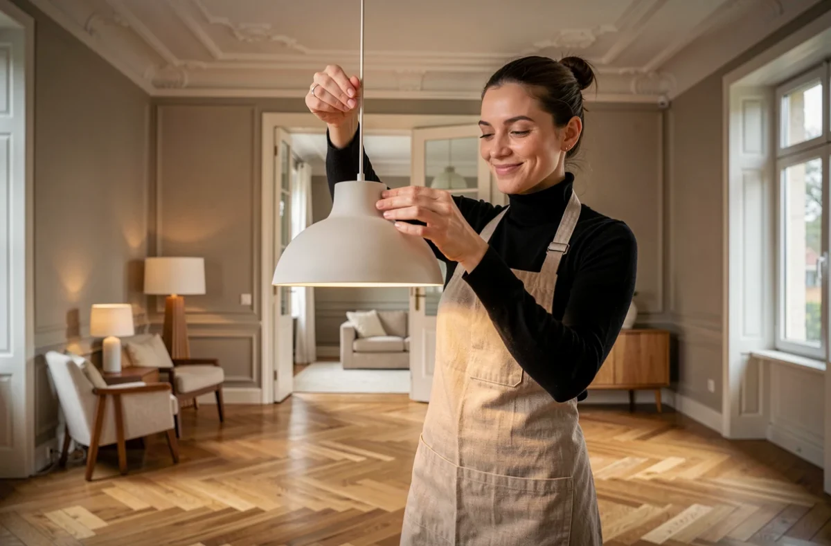 Électricienne de Atelier Lumière 14 installant un luminaire design dans un intérieur haut de gamme dans le Calvados