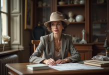 Femme élégante en 1920s dans un atelier parisien