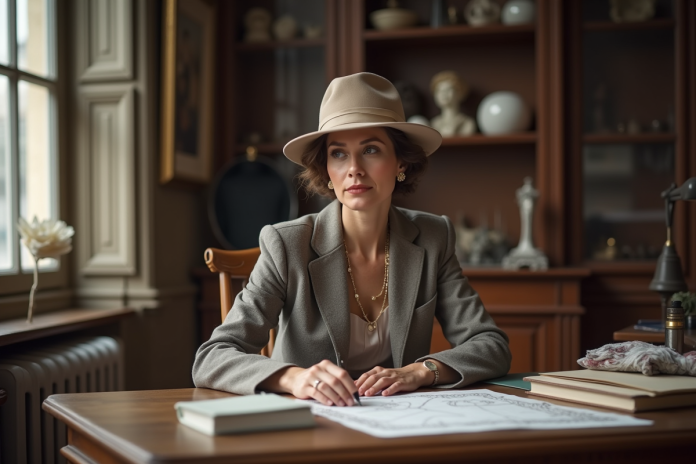 Femme élégante en 1920s dans un atelier parisien