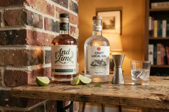Bar à la maison avec bouteilles d'And Lime et de gin artisanal local posées sur une étagère en bois avec des quartiers de citron vert et un verre à cocktail