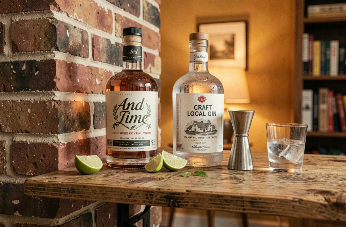 Bar à la maison avec bouteilles d'And Lime et de gin artisanal local posées sur une étagère en bois avec des quartiers de citron vert et un verre à cocktail