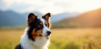 Chien berger australien tricolore dans un champ ensoleille