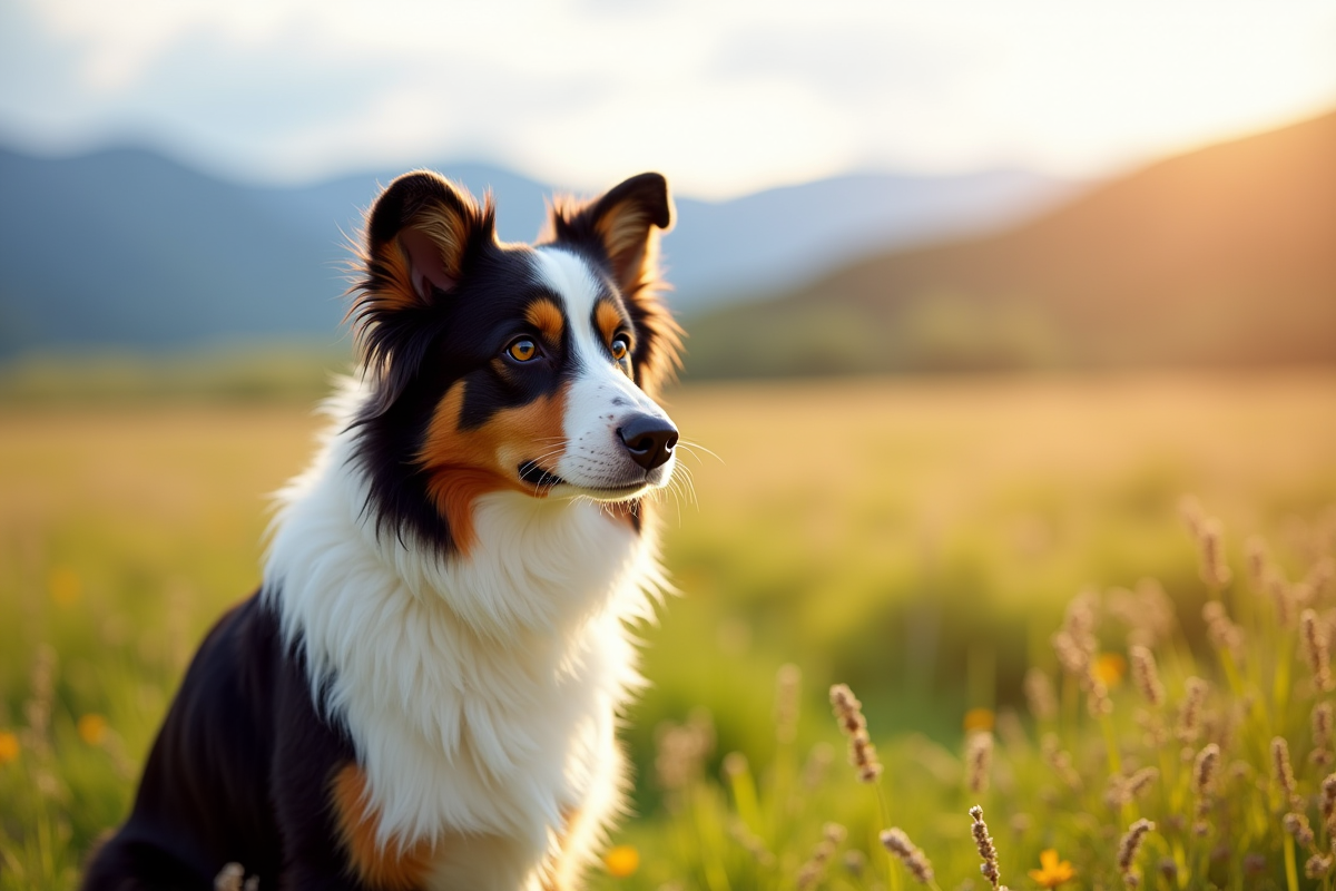 Chien berger australien tricolore dans un champ ensoleille