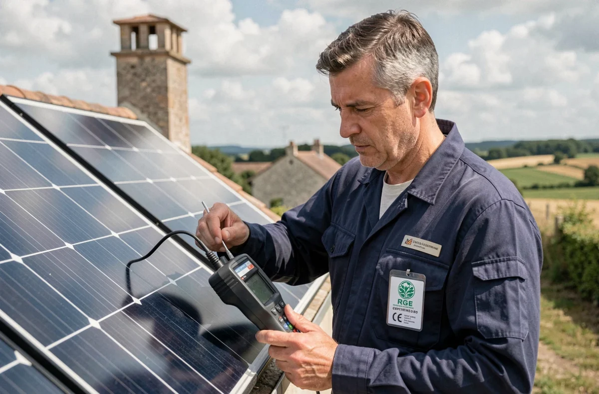 Chauffagiste qualifié RGE Berr inspectant un panneau solaire thermique en Haute-Vienne
