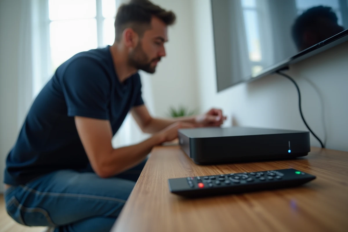 Homme inspectant le boîtier Freebox Delta avec la télécommande posée à côté, dans un salon minimaliste moderne