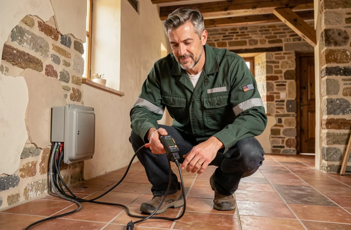 Électricien de Briand Électricité testant un câblage électrique dans une ferme rénovée du Calvados