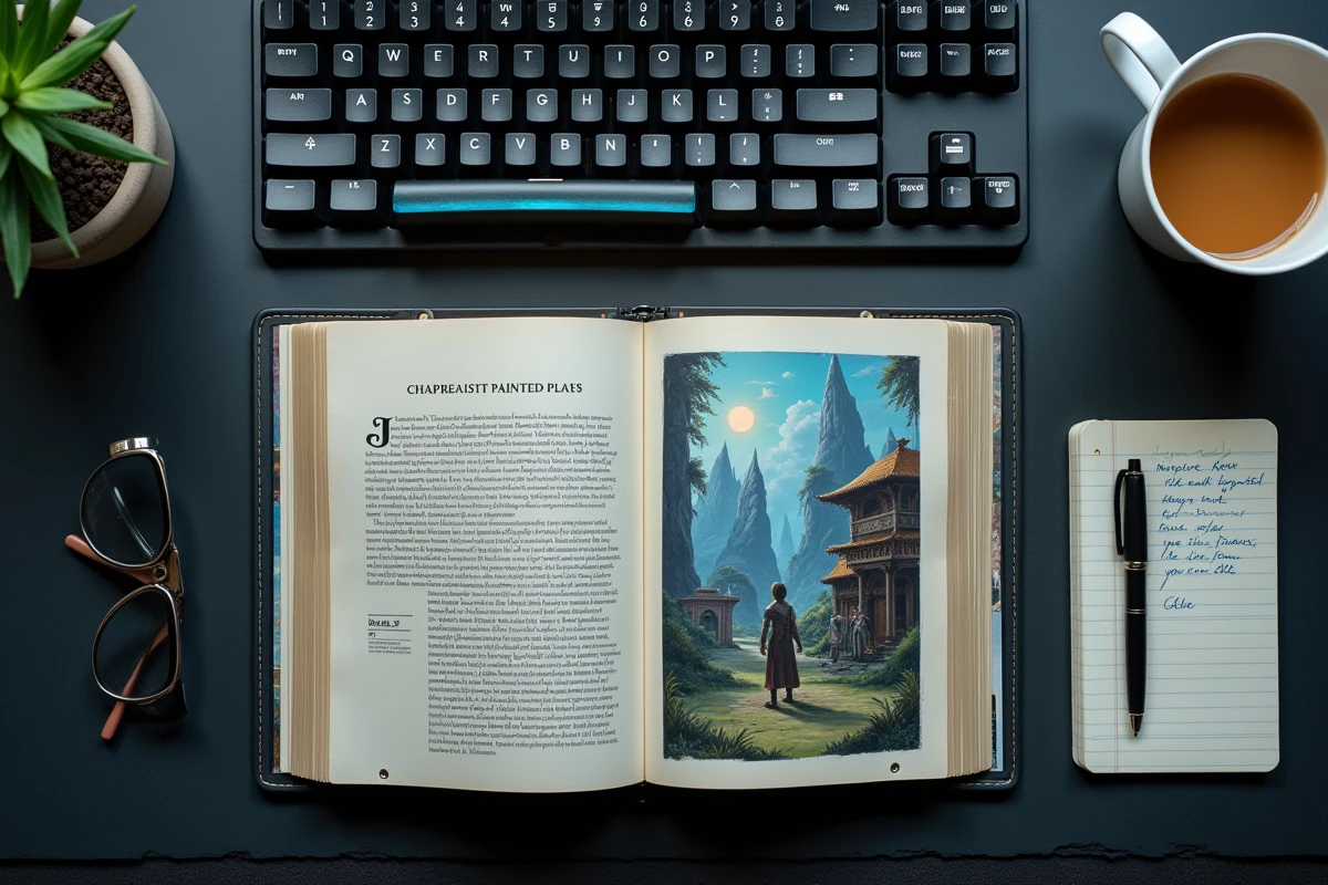 Vue de dessus d'un bureau de critique gaming avec artbook ouvert sur les actes d'un RPG fantasy et notes manuscrites