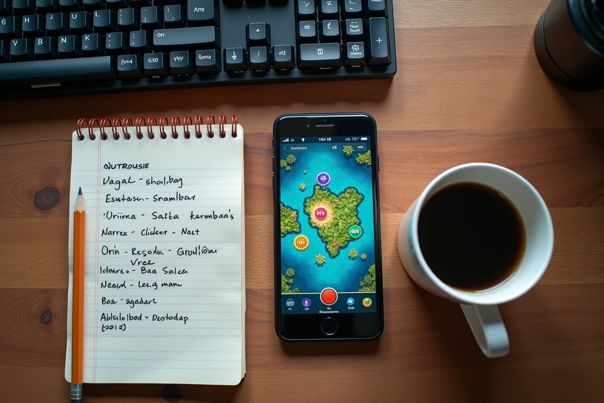 Vue aérienne d'un bureau avec notes manuscrites de coordonnées de portails de jeu et smartphone affichant une carte fantasy