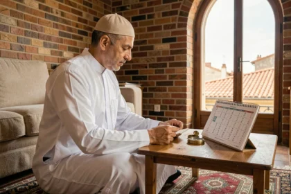 Homme musulman consultant le calendrier des horaires de prière à Toulouse en 2026