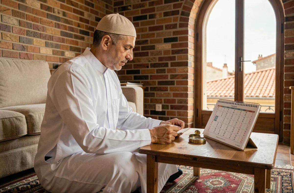 Homme musulman consultant le calendrier des horaires de prière à Toulouse en 2026