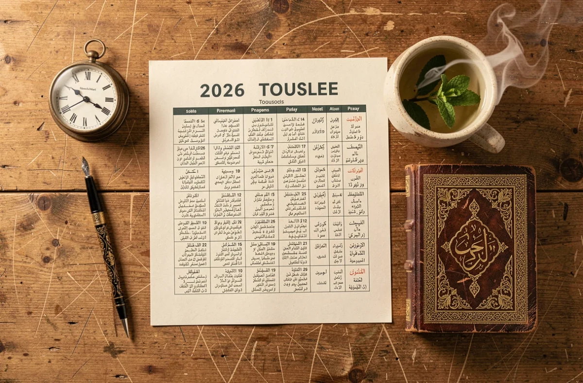 Vue aérienne d'un calendrier de prière islamique 2026 pour Toulouse avec Coran et horloge