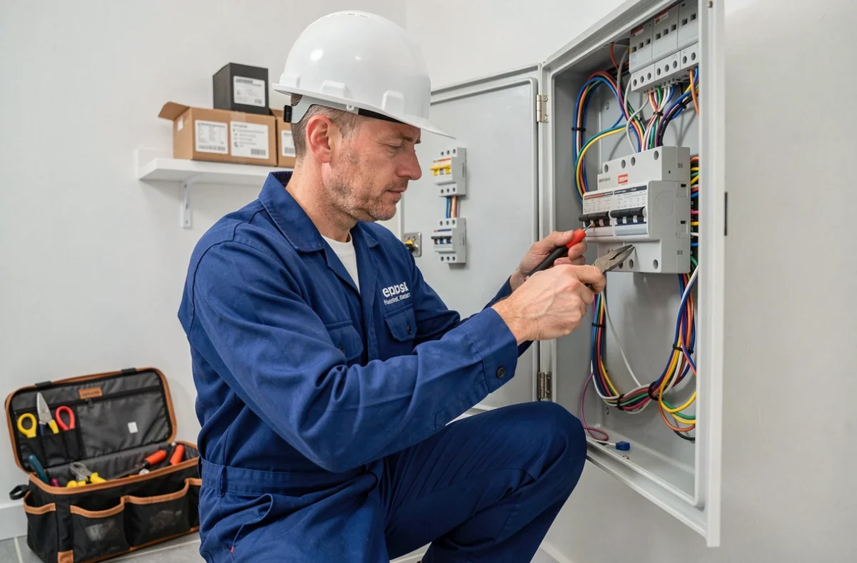 Électricien de Calvados Électricité connectant des fils dans un tableau de disjoncteurs résidentiel dans le Calvados