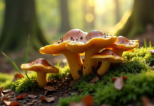 Groupe de chanterelles jaunes et brunes dans la forêt