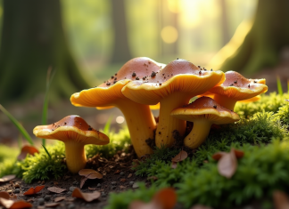 Groupe de chanterelles jaunes et brunes dans la forêt