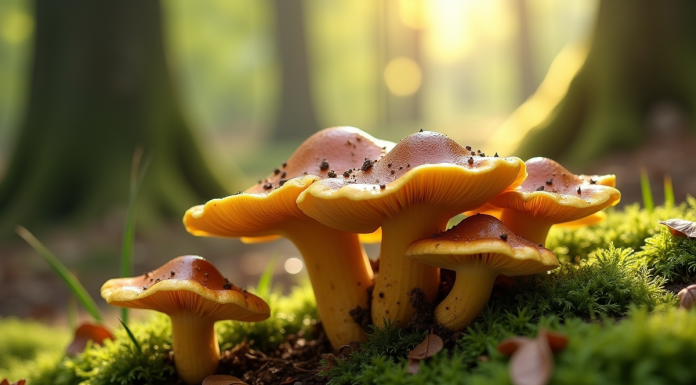 Groupe de chanterelles jaunes et brunes dans la forêt