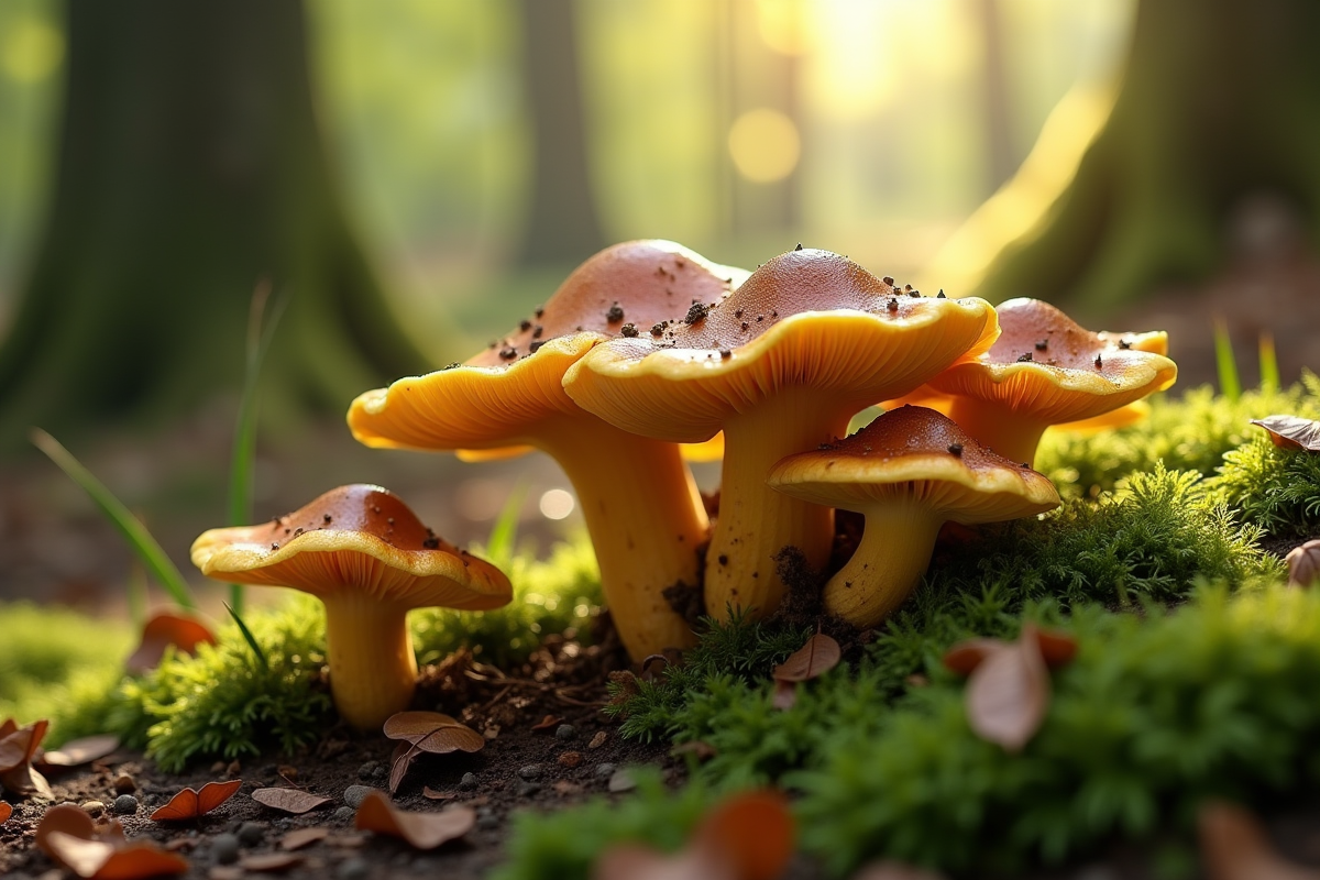 Groupe de chanterelles jaunes et brunes dans la forêt