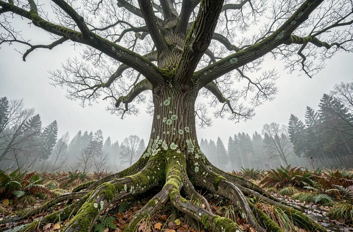 Chêne ancestral aux racines imposantes dans une forêt nordique brumeuse évoquant l'arbre-monde Yggdrasil
